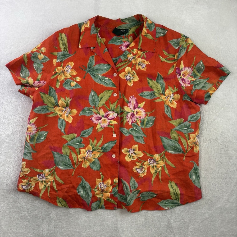 VTG Lauren Ralph Lauren LRL Floral Button Up Linen Shirt Red Collared Women's 2X